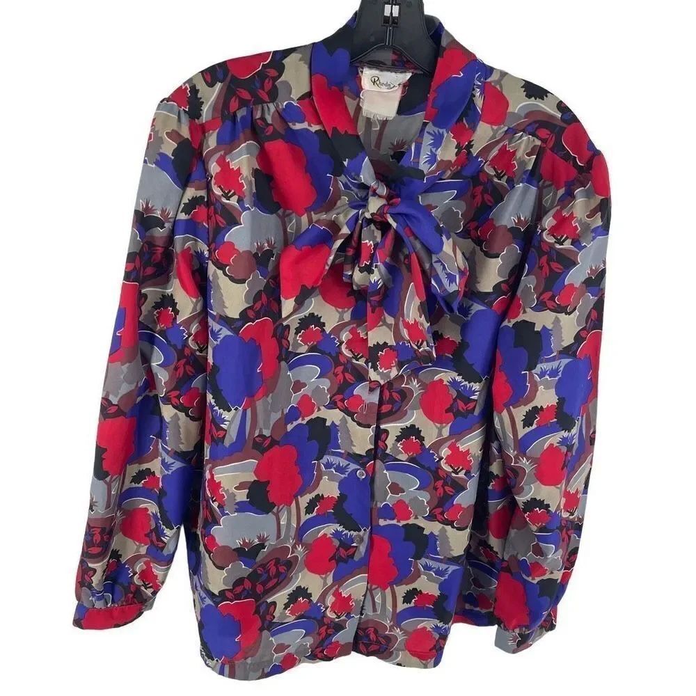 Rhoda Lee vintage neck tie Long Sleeve Top Blouse Red Purple Size 2XL